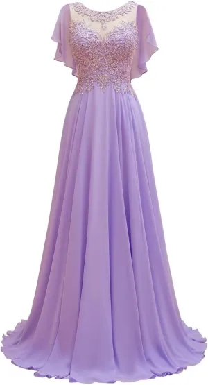Lace Chiffon Mother of The Bride Dresses Long for Women Beaded Scoop Neck Bridesmaid Dresses Cape Sleeve Formal Evening Gown