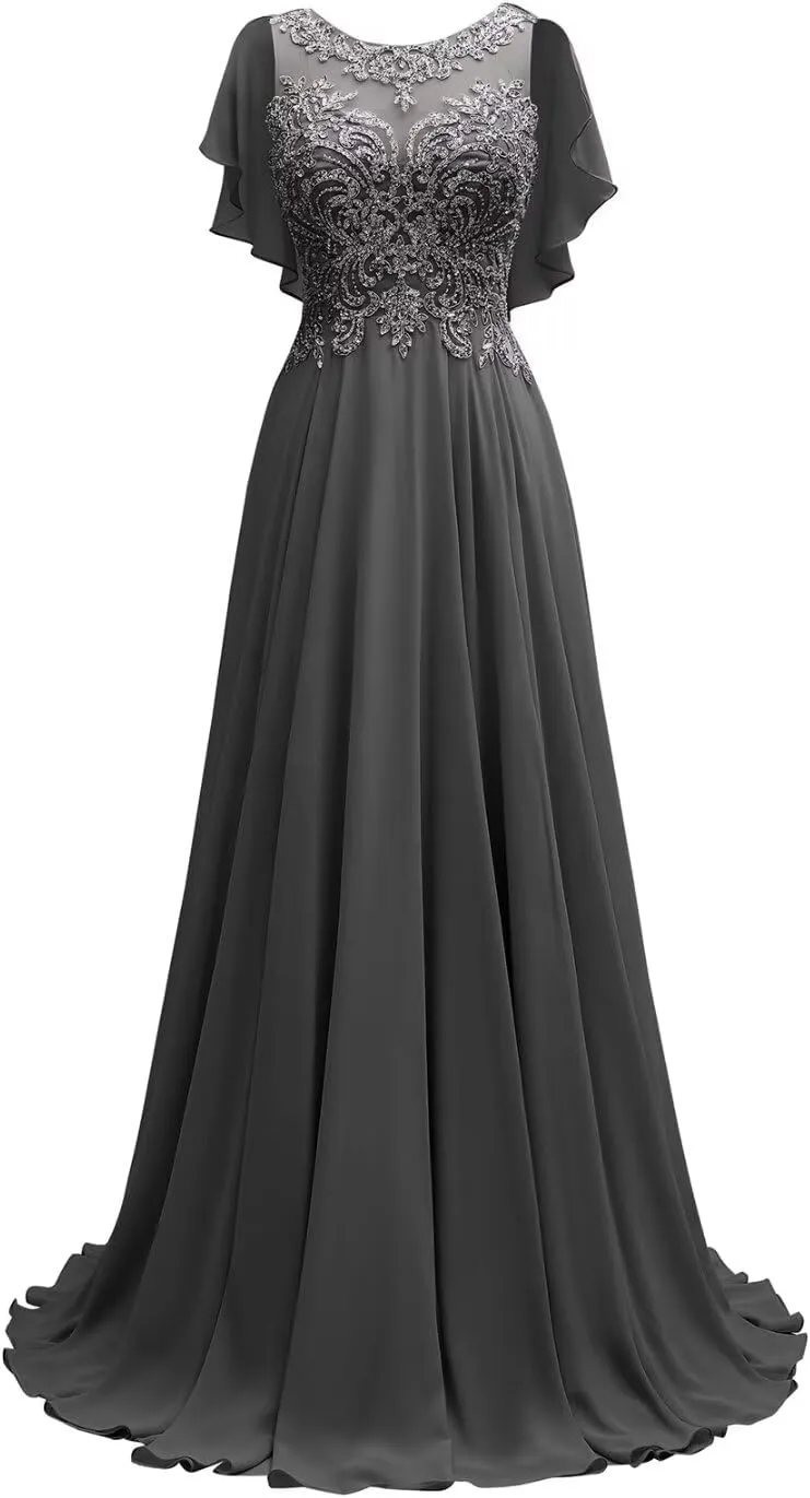 Lace Chiffon Mother of The Bride Dresses Long for Women Beaded Scoop Neck Bridesmaid Dresses Cape Sleeve Formal Evening Gown