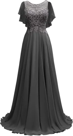 Lace Chiffon Mother of The Bride Dresses Long for Women Beaded Scoop Neck Bridesmaid Dresses Cape Sleeve Formal Evening Gown