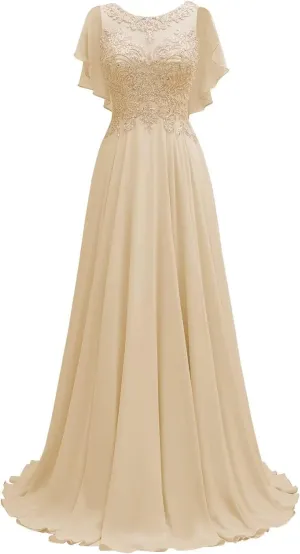 Lace Chiffon Mother of The Bride Dresses Long for Women Beaded Scoop Neck Bridesmaid Dresses Cape Sleeve Formal Evening Gown