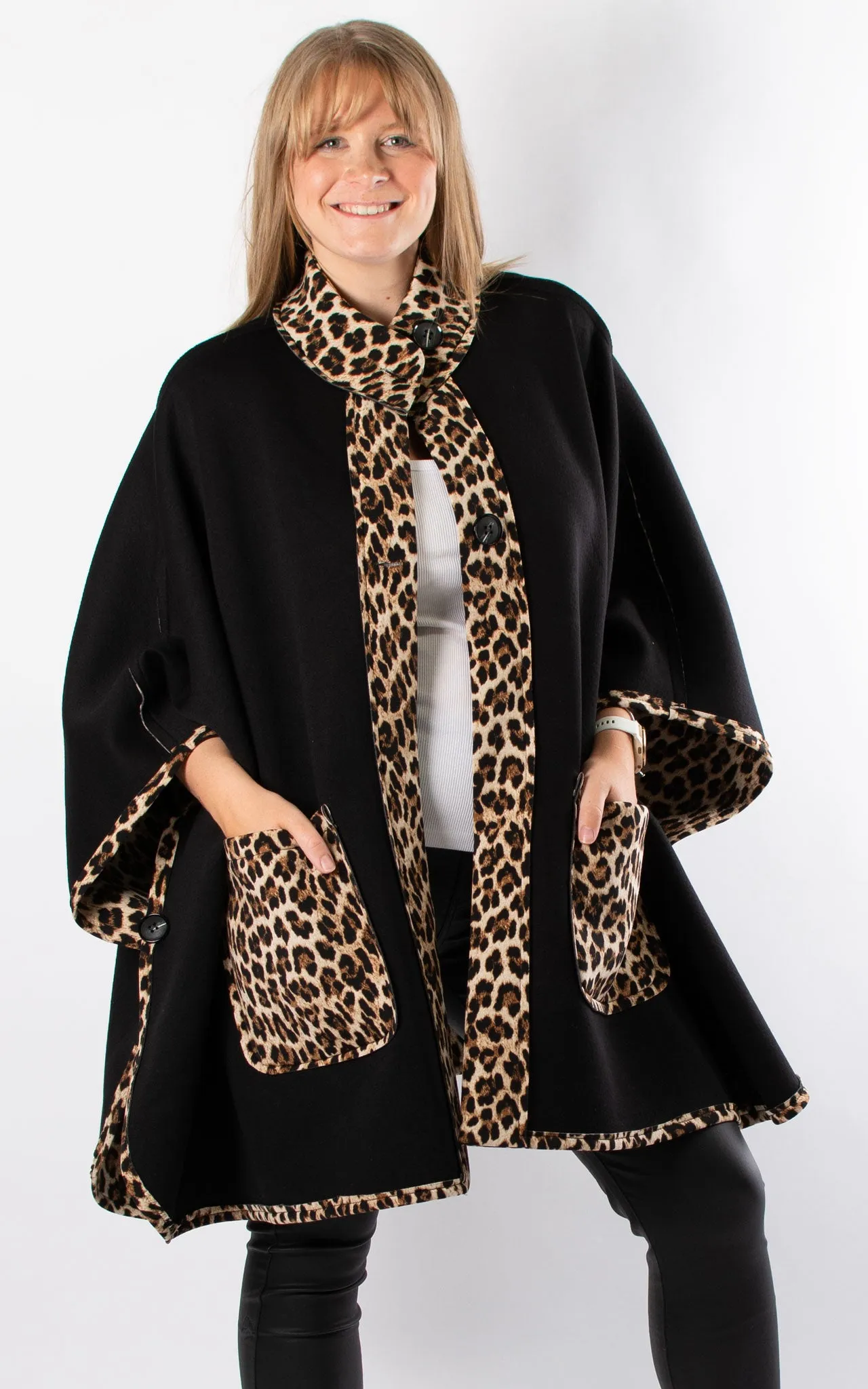 Leopard Print Reversible Poncho | Black