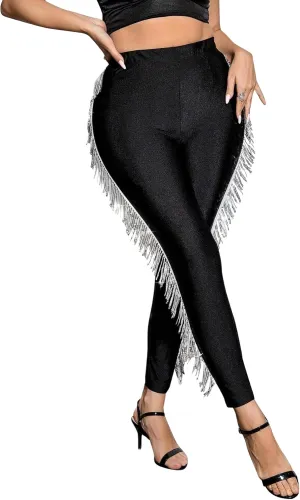LifeShe Women's Fringe Pants Elastic High Waisted Leggings Plus Size Sparkly Tassels Side Skinny Pant Clubwear