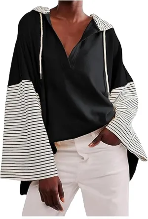 Lightweight Hoodie Sweatshirts For Women 2024 Casual Long Sleeve v Neck Pullover Tops Color Block Oversized Sweatshirt