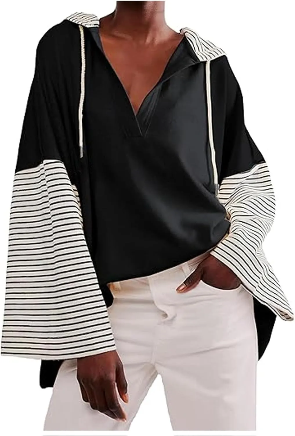 Lightweight Hoodie Sweatshirts For Women 2024 Casual Long Sleeve v Neck Pullover Tops Color Block Oversized Sweatshirt