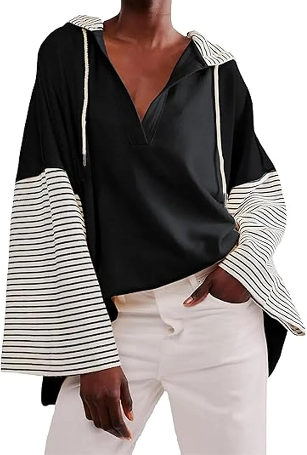 Lightweight Hoodie Sweatshirts For Women 2024 Casual Long Sleeve v Neck Pullover Tops Color Block Oversized Sweatshirt