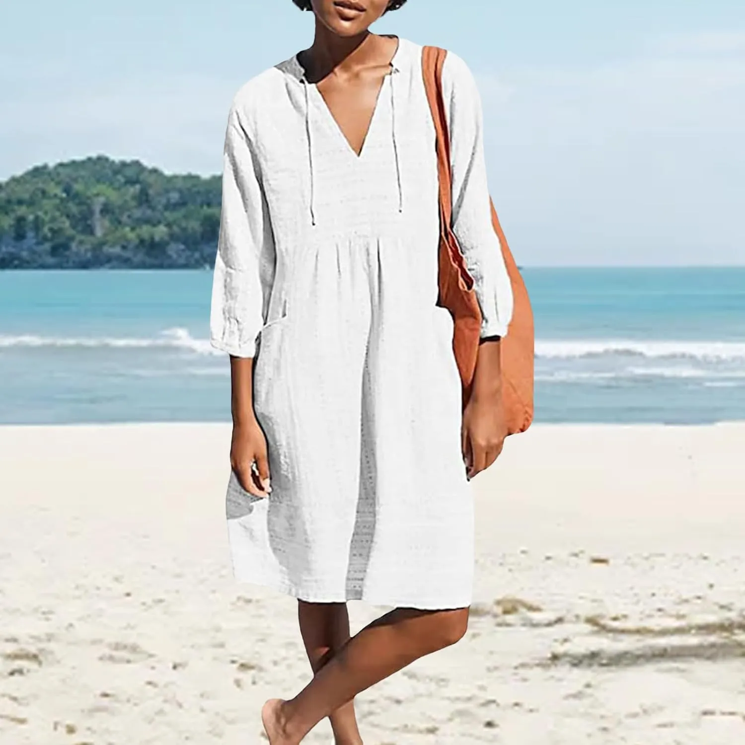Linen Dress for Women 2025 Summer Casual 3/4 Sleeve Dress Shift Midi Dresses Beach Vacation Dresses with Pockets