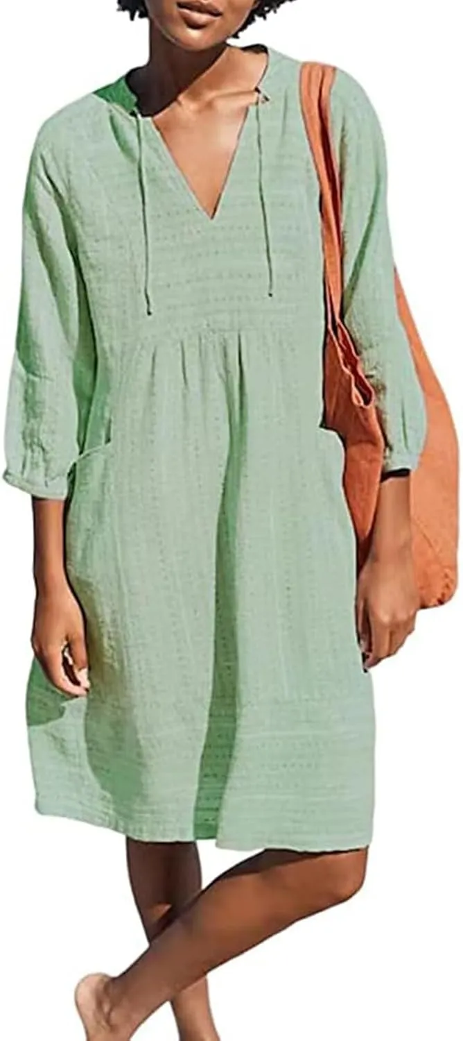 Linen Dress for Women 2025 Summer Casual 3/4 Sleeve Dress Shift Midi Dresses Beach Vacation Dresses with Pockets
