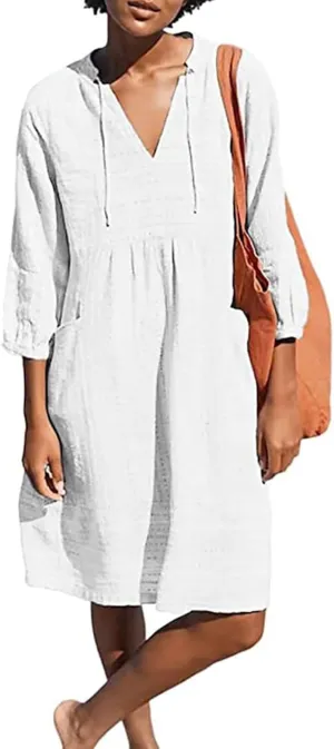 Linen Dress for Women 2025 Summer Casual 3/4 Sleeve Dress Shift Midi Dresses Beach Vacation Dresses with Pockets