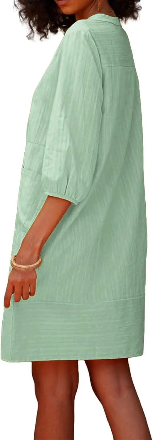 Linen Dress for Women 2025 Summer Casual 3/4 Sleeve Dress Shift Midi Dresses Beach Vacation Dresses with Pockets