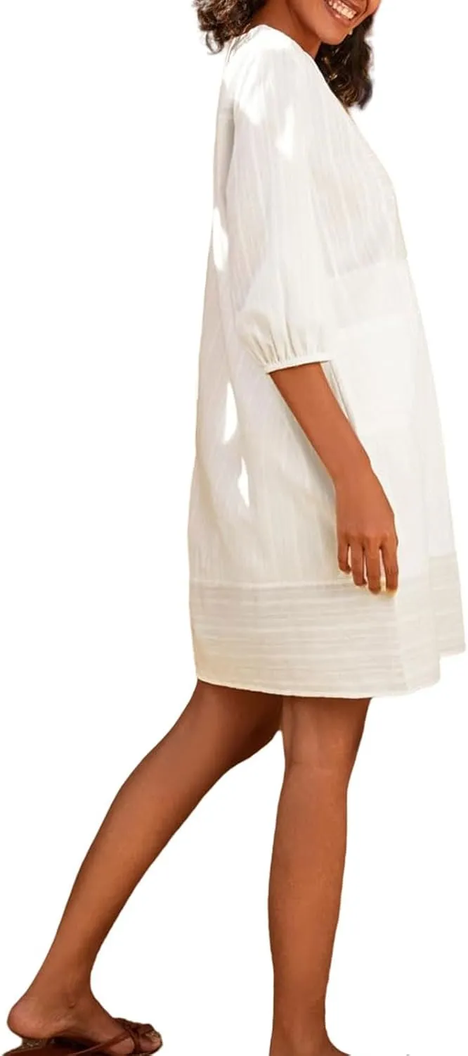 Linen Dress for Women 2025 Summer Casual 3/4 Sleeve Dress Shift Midi Dresses Beach Vacation Dresses with Pockets