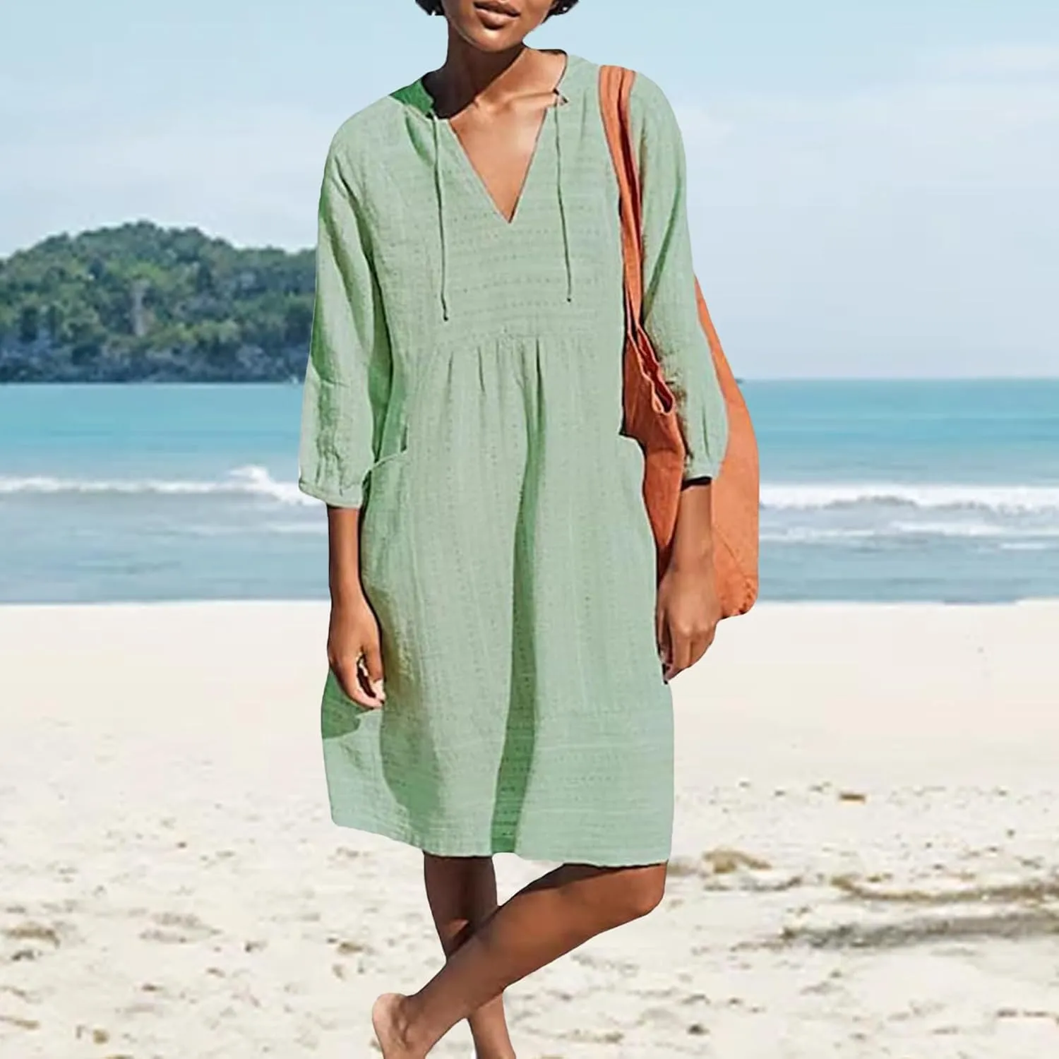 Linen Dress for Women 2025 Summer Casual 3/4 Sleeve Dress Shift Midi Dresses Beach Vacation Dresses with Pockets