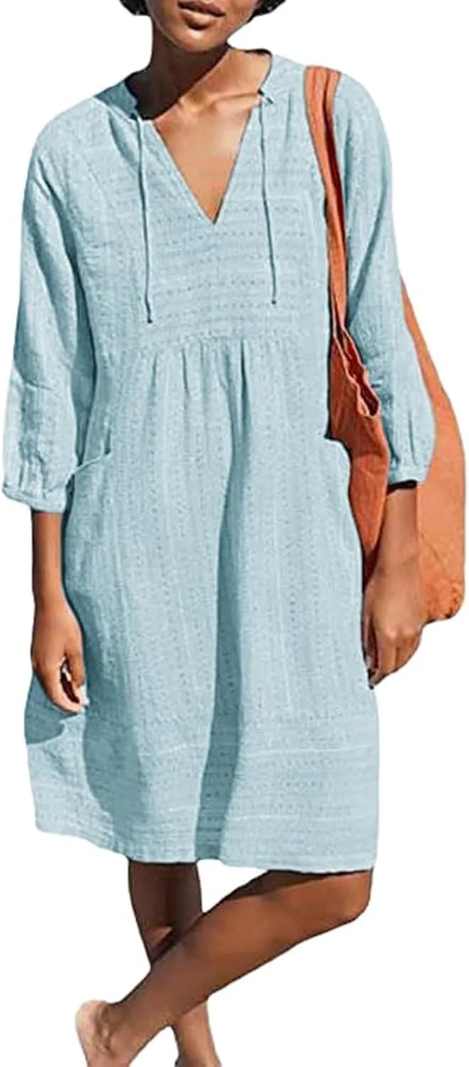 Linen Dress for Women 2025 Summer Casual 3/4 Sleeve Dress Shift Midi Dresses Beach Vacation Dresses with Pockets