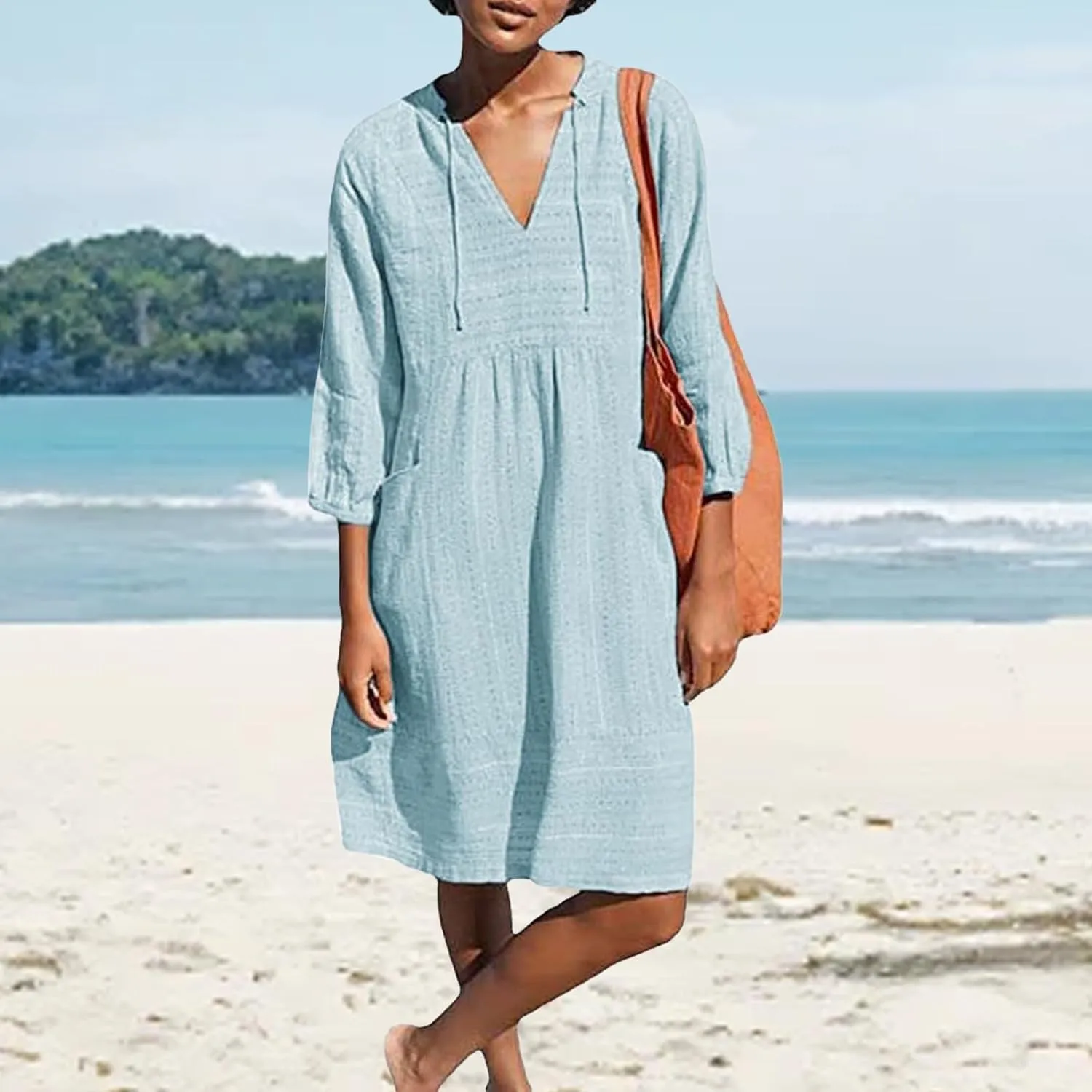 Linen Dress for Women 2025 Summer Casual 3/4 Sleeve Dress Shift Midi Dresses Beach Vacation Dresses with Pockets
