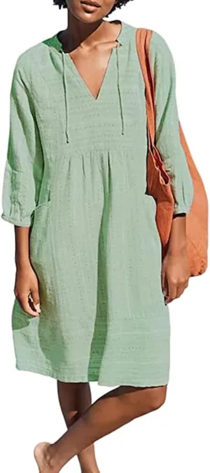 Linen Dress for Women 2025 Summer Casual 3/4 Sleeve Dress Shift Midi Dresses Beach Vacation Dresses with Pockets