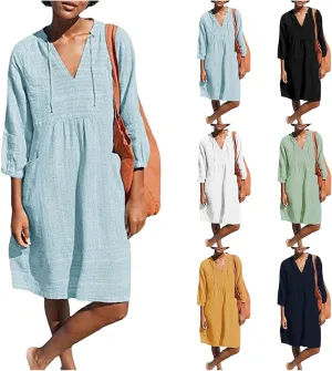 Linen Dress for Women 2025 Summer Casual 3/4 Sleeve Dress Shift Midi Dresses Beach Vacation Dresses with Pockets