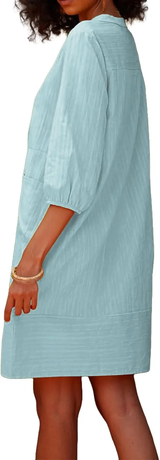 Linen Dress for Women 2025 Summer Casual 3/4 Sleeve Dress Shift Midi Dresses Beach Vacation Dresses with Pockets