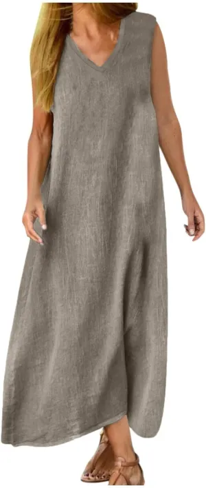 Linen Dresses for Women Sleeveless Linen Casual Cotton Tank Maxi 2025 Summer Dress