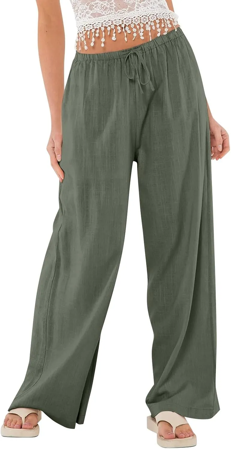 Linen Pants for Women Summer High Waisted Drawstring Wide Leg Palazzo Pants Casual Boho Beach Trousers with Pockets
