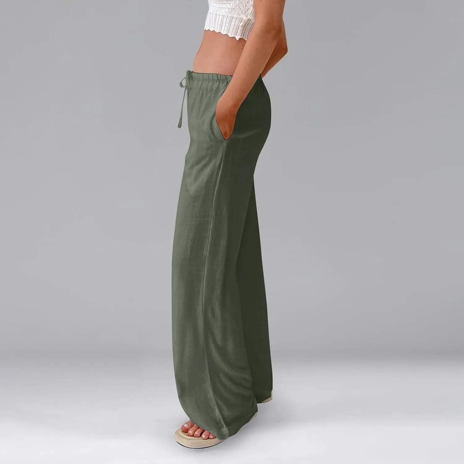 Linen Pants for Women Summer High Waisted Drawstring Wide Leg Palazzo Pants Casual Boho Beach Trousers with Pockets