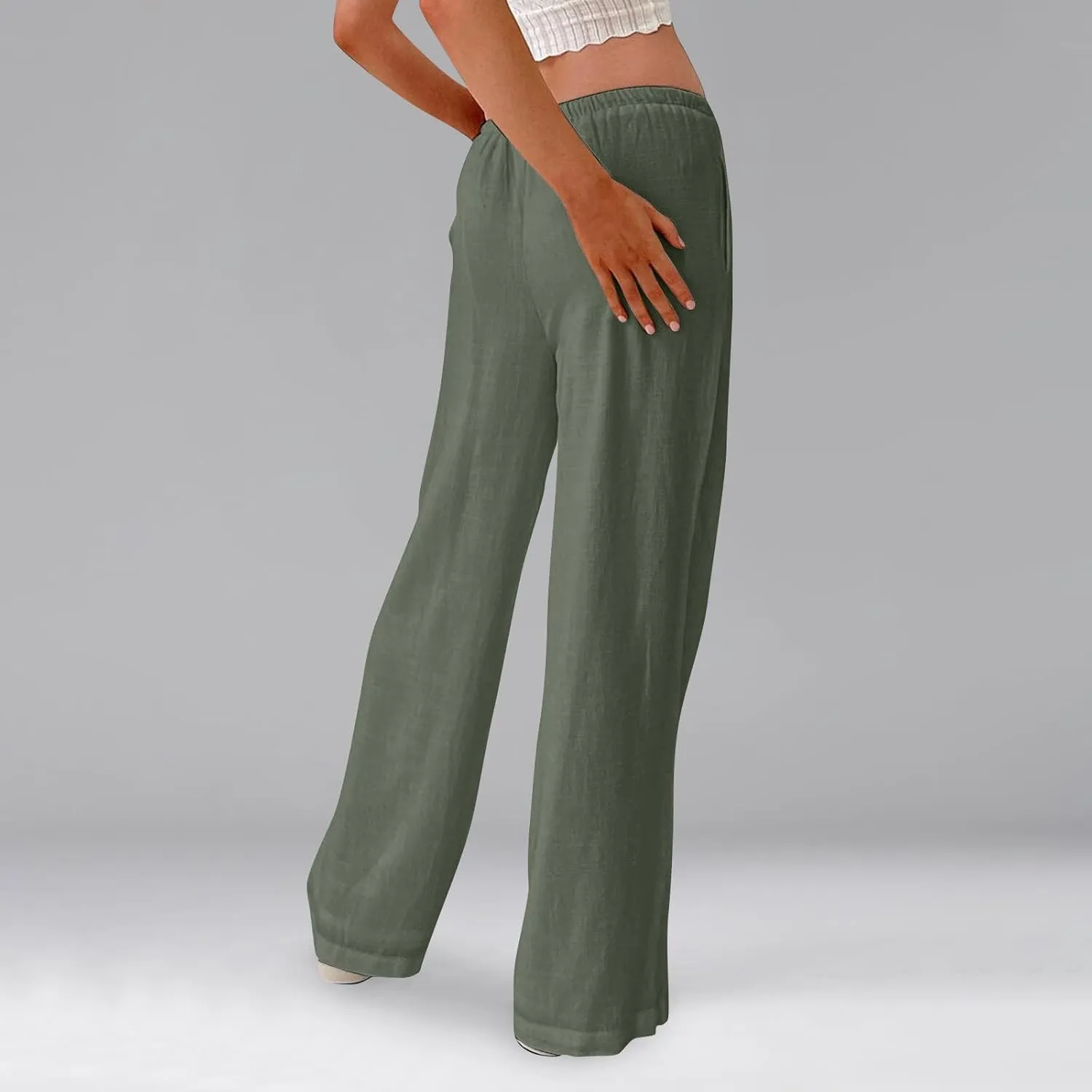 Linen Pants for Women Summer High Waisted Drawstring Wide Leg Palazzo Pants Casual Boho Beach Trousers with Pockets