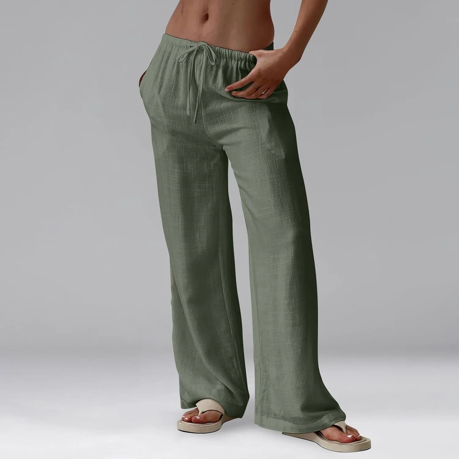 Linen Pants for Women Summer High Waisted Drawstring Wide Leg Palazzo Pants Casual Boho Beach Trousers with Pockets