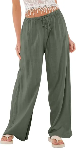 Linen Pants for Women Summer High Waisted Drawstring Wide Leg Palazzo Pants Casual Boho Beach Trousers with Pockets