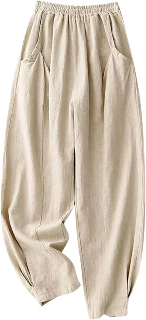 Linen Pants for Women Summer Lightweight High Waist Palazzo Pants Loose Fit Cotton Straight Leg Trouser with Pockets