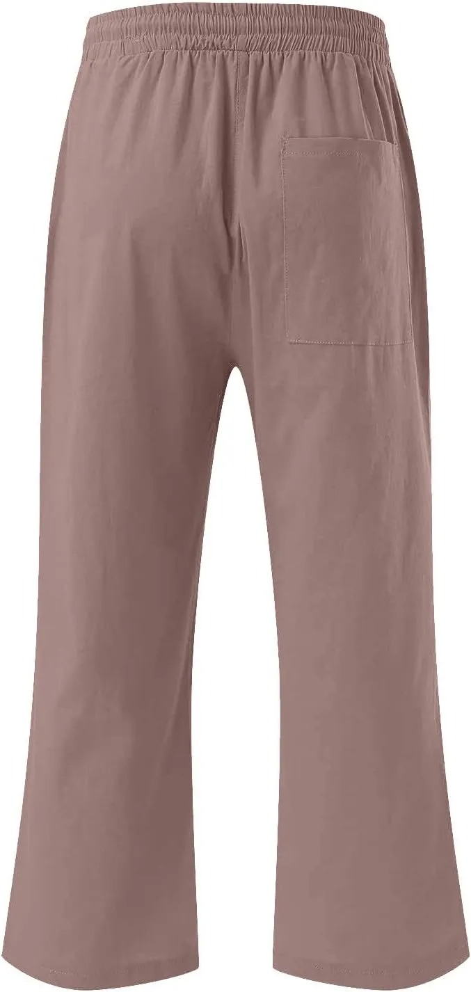 Linen Pants Women Casual Summer Straight Wide Leg Loose Capris Drawstring Elastic High Waist Pockets Cropped Trouser