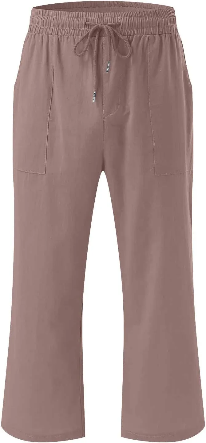 Linen Pants Women Casual Summer Straight Wide Leg Loose Capris Drawstring Elastic High Waist Pockets Cropped Trouser