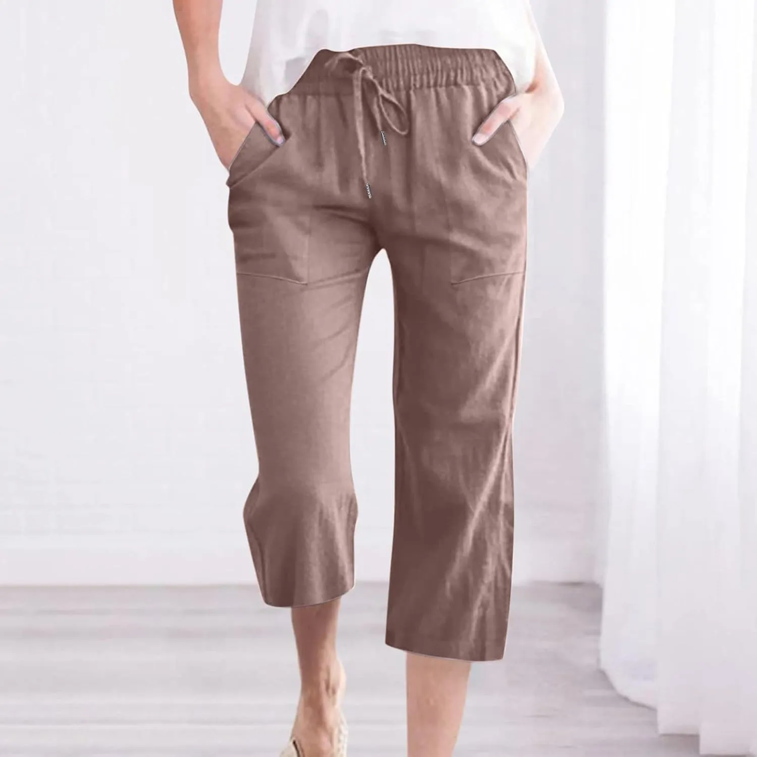 Linen Pants Women Casual Summer Straight Wide Leg Loose Capris Drawstring Elastic High Waist Pockets Cropped Trouser