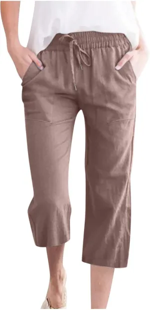 Linen Pants Women Casual Summer Straight Wide Leg Loose Capris Drawstring Elastic High Waist Pockets Cropped Trouser