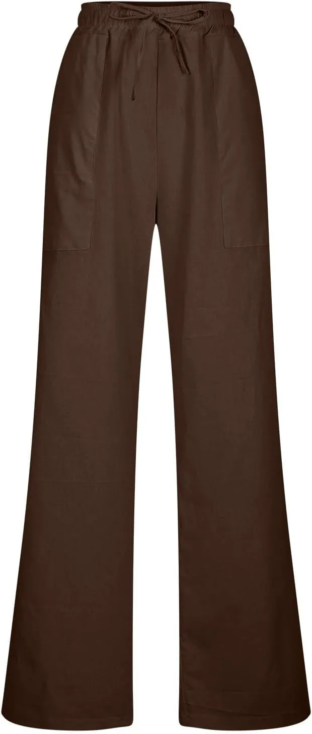Linen Pants Women Drawstring Waist Linen Pants Solid Color Casual Linen Trousers with Pockets Summer Trendy Clothes