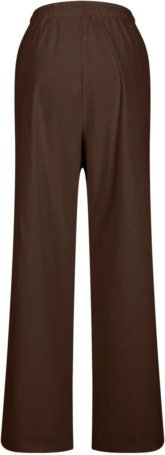 Linen Pants Women Drawstring Waist Linen Pants Solid Color Casual Linen Trousers with Pockets Summer Trendy Clothes