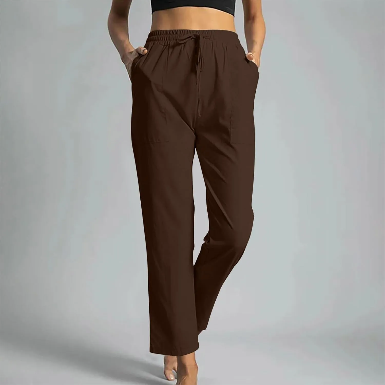 Linen Pants Women Drawstring Waist Linen Pants Solid Color Casual Linen Trousers with Pockets Summer Trendy Clothes