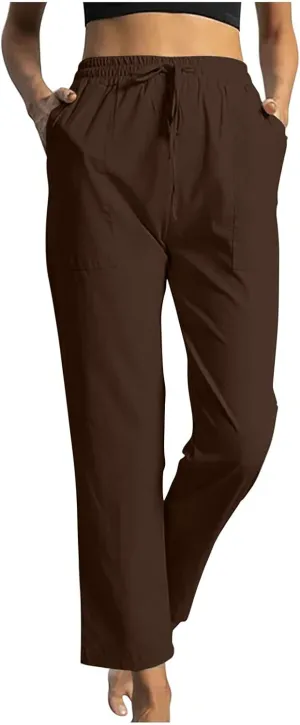 Linen Pants Women Drawstring Waist Linen Pants Solid Color Casual Linen Trousers with Pockets Summer Trendy Clothes