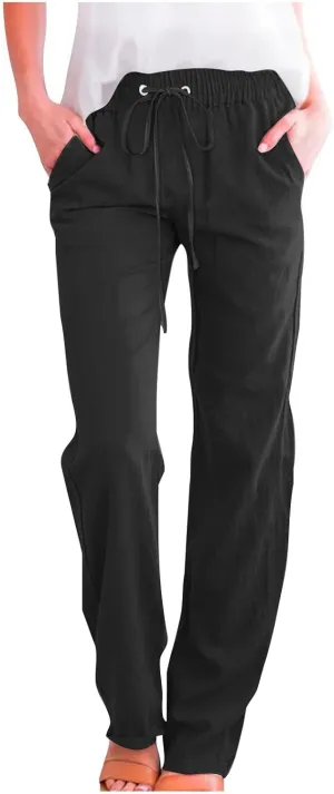 Linen Pants Women Vacation Casual Linen High Waist Pants Drawstring Loose Fit Summer Pants Trousers with Side Pockets