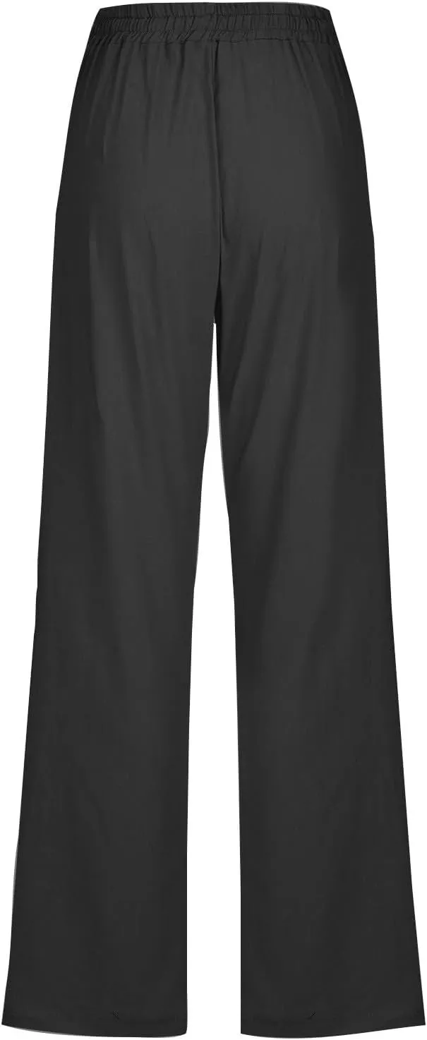 Linen Pants Women Vacation Casual Linen High Waist Pants Drawstring Loose Fit Summer Pants Trousers with Side Pockets