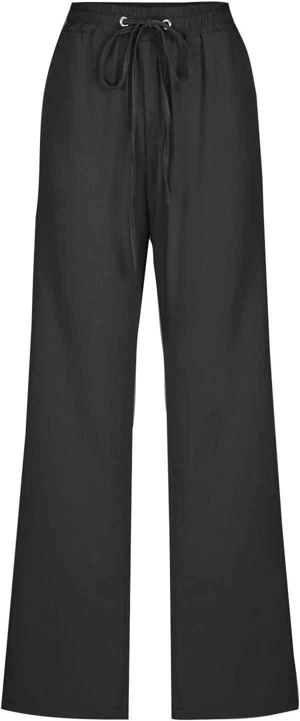 Linen Pants Women Vacation Casual Linen High Waist Pants Drawstring Loose Fit Summer Pants Trousers with Side Pockets