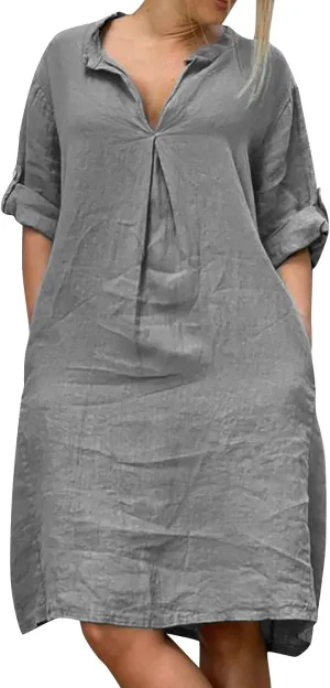 Lmdudan Plus Size Women Cotton Linen Midi Dress V Neck Long Sleeve Summer Dresses Beach Vacation Casual Tunic Dress
