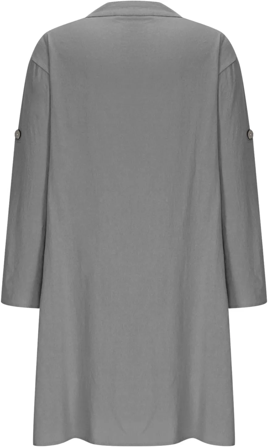 Lmdudan Plus Size Women Cotton Linen Midi Dress V Neck Long Sleeve Summer Dresses Beach Vacation Casual Tunic Dress