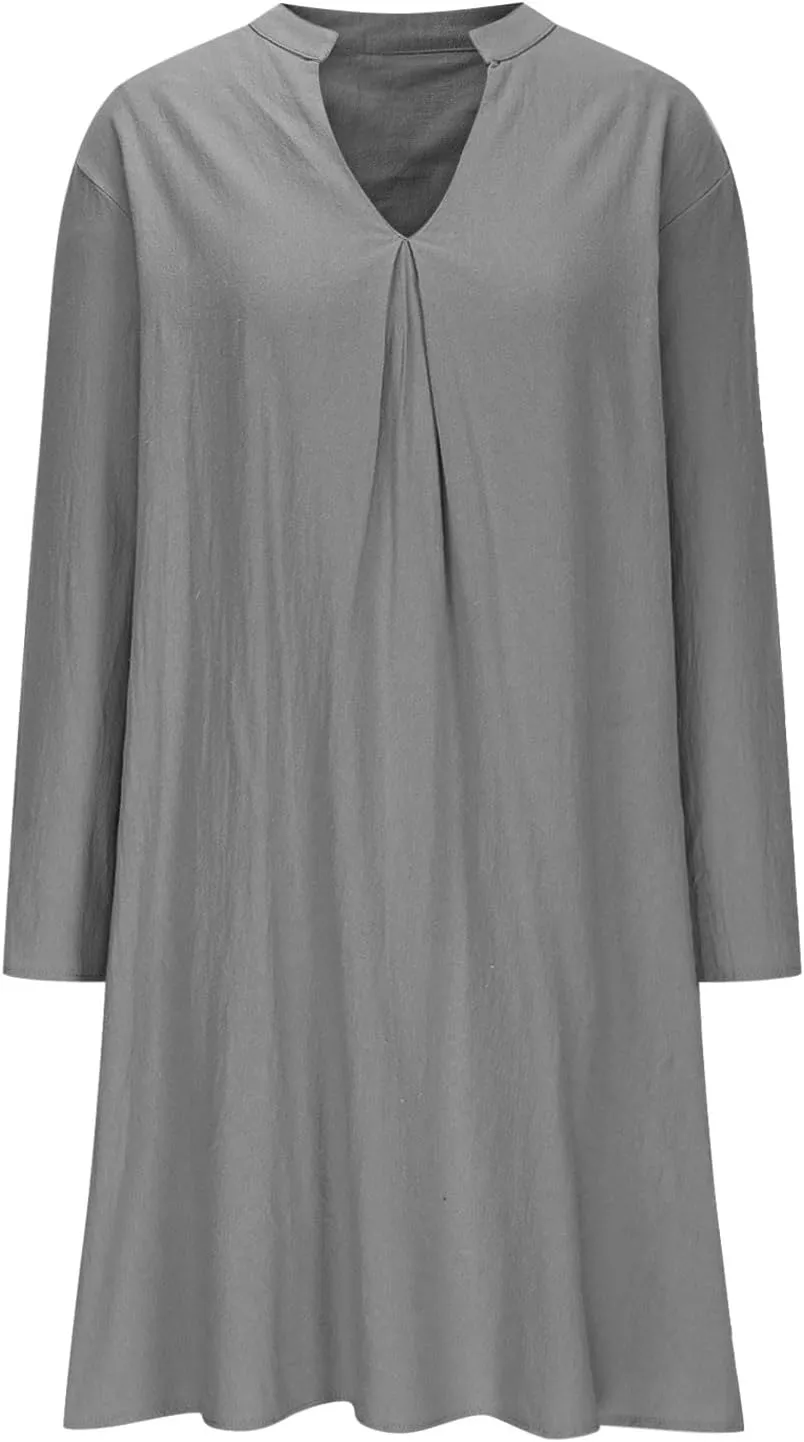 Lmdudan Plus Size Women Cotton Linen Midi Dress V Neck Long Sleeve Summer Dresses Beach Vacation Casual Tunic Dress