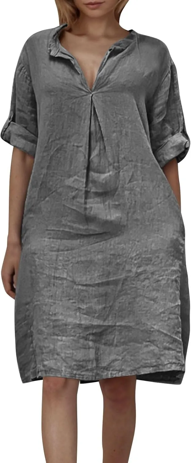 Lmdudan Plus Size Women Cotton Linen Midi Dress V Neck Long Sleeve Summer Dresses Beach Vacation Casual Tunic Dress
