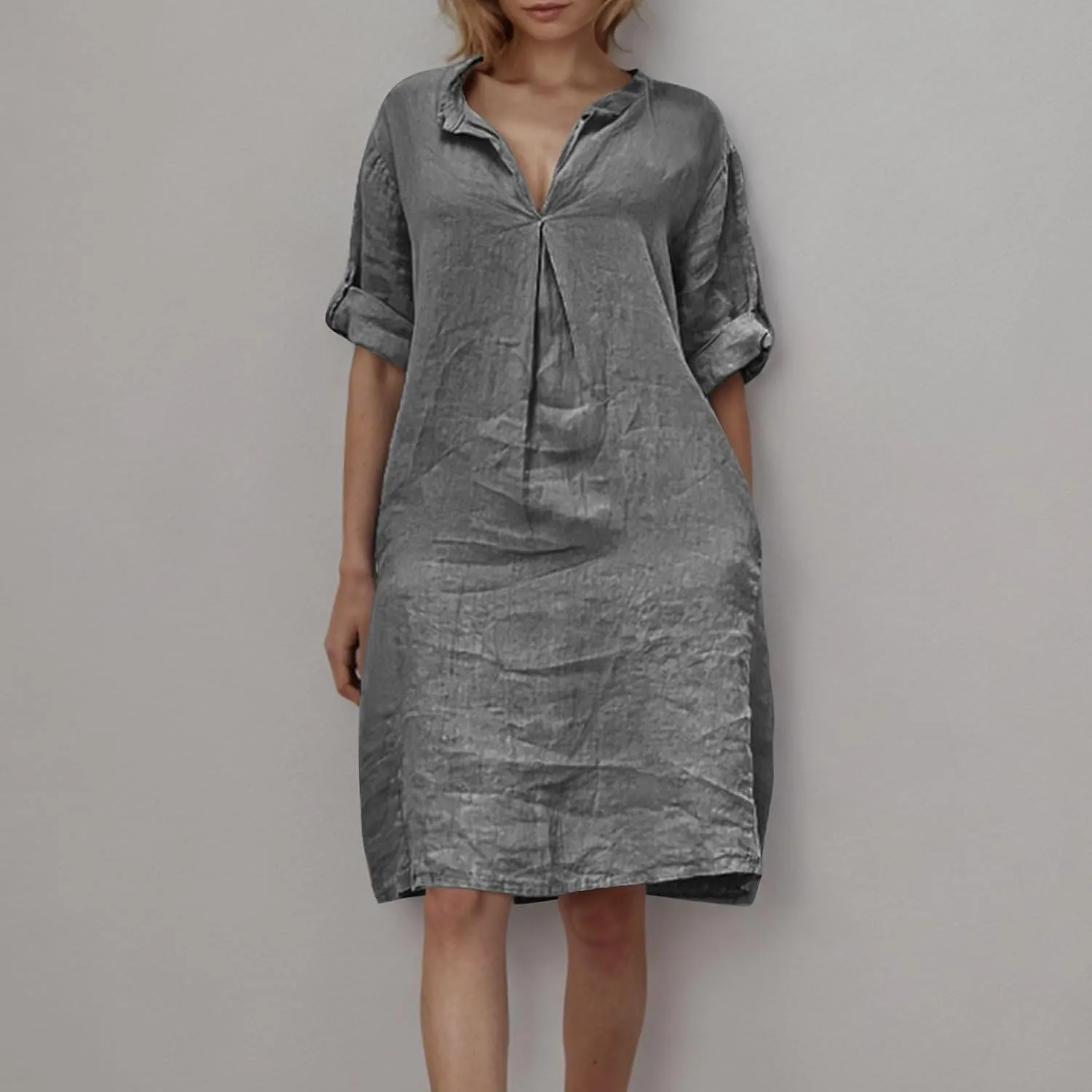 Lmdudan Plus Size Women Cotton Linen Midi Dress V Neck Long Sleeve Summer Dresses Beach Vacation Casual Tunic Dress