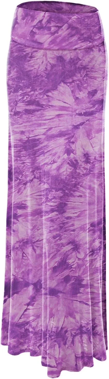 Lock and Love Women's Casual High Waist Solid/Tie Dye Fold Over Flowy Long Maxi Skirt