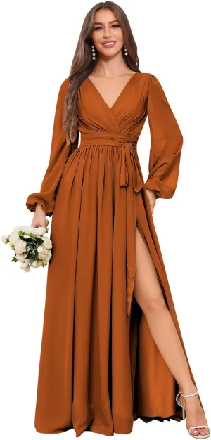 Long Chiffon Bridesmaid Dress with Sleeves A Line V Neck Modest Ruched Wedding Guest Dresses with Slit