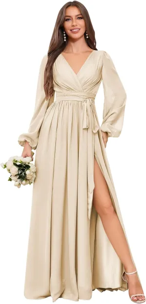 Long Chiffon Bridesmaid Dress with Sleeves A Line V Neck Modest Ruched Wedding Guest Dresses with Slit