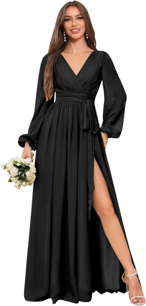Long Chiffon Bridesmaid Dress with Sleeves A Line V Neck Modest Ruched Wedding Guest Dresses with Slit