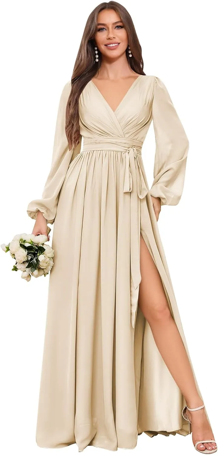 Long Chiffon Bridesmaid Dress with Sleeves A Line V Neck Modest Ruched Wedding Guest Dresses with Slit