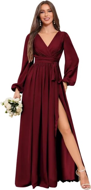 Long Chiffon Bridesmaid Dress with Sleeves A Line V Neck Modest Ruched Wedding Guest Dresses with Slit