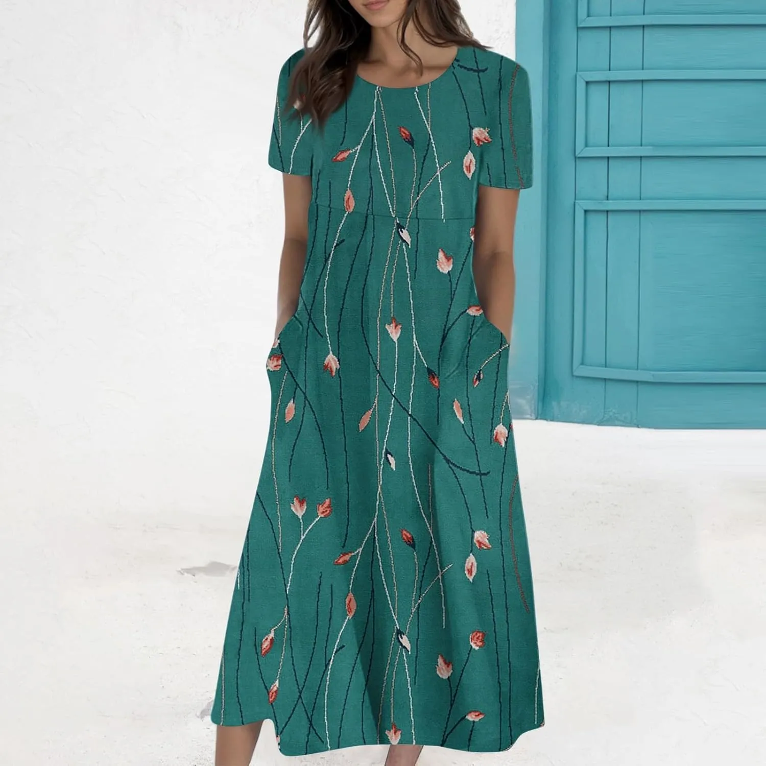 Long Floral Dresses for Women Short Sleeve Summer Casual Crewneck T Shirt Dress A Line Flowy Elegant Pocket Sundress